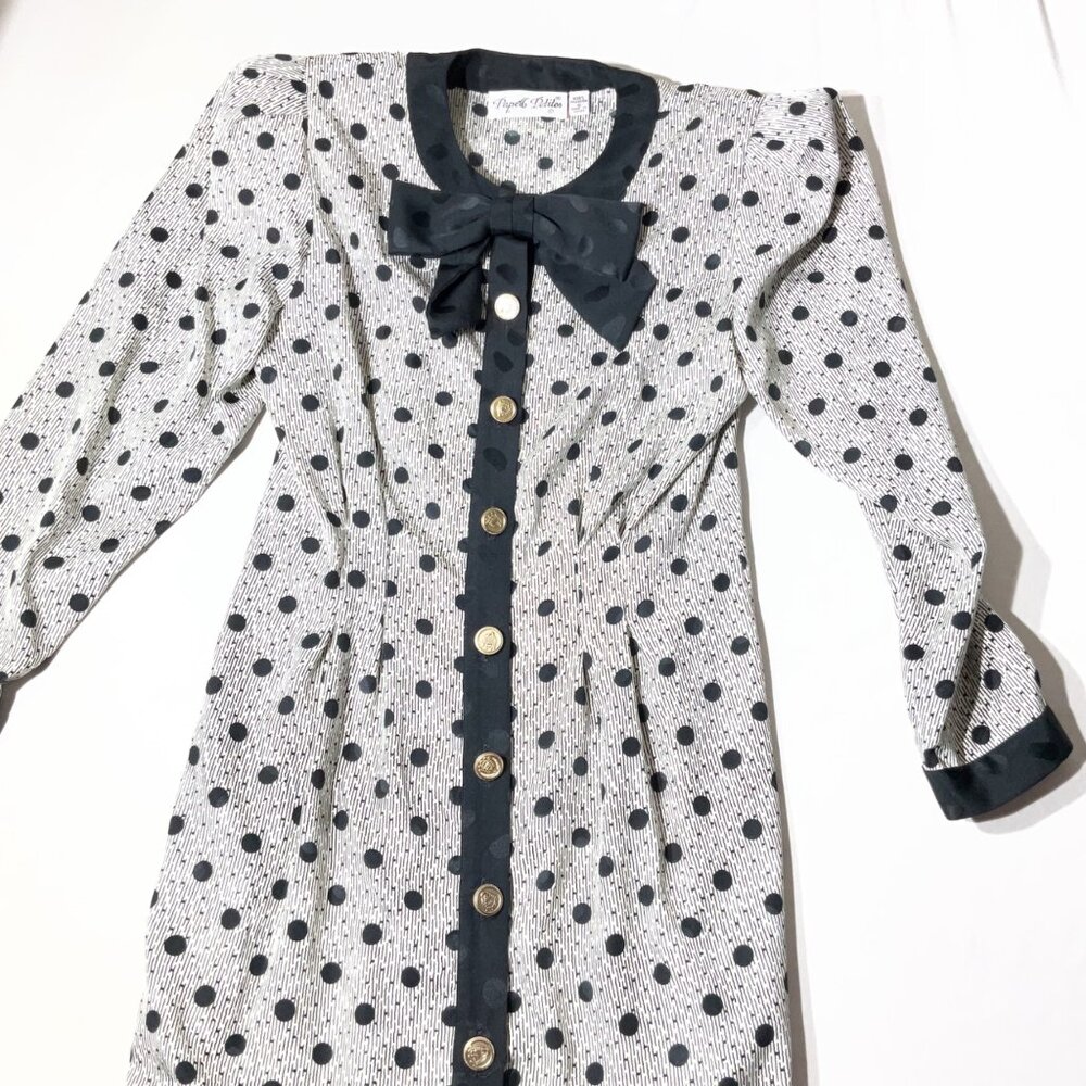 Vintage-Inspired Black & White Polka Dot Midi Dress With Gold Buttons & Bow Deta - Picture 9 of 15